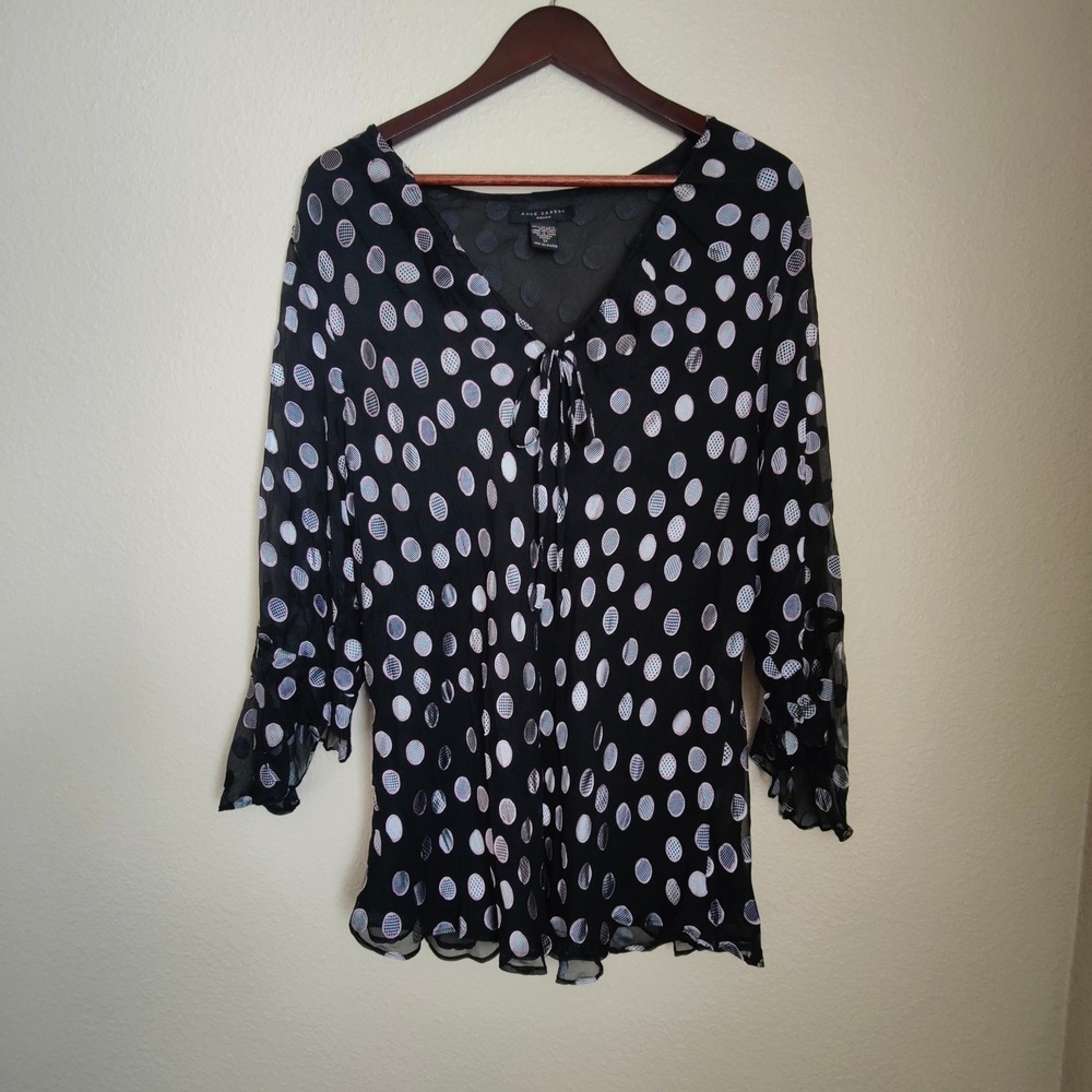 Y2K Anne‎ Carson Silk Polka Dot Blouse Sheer Black Fairy Grunge Flutter Plus 3X